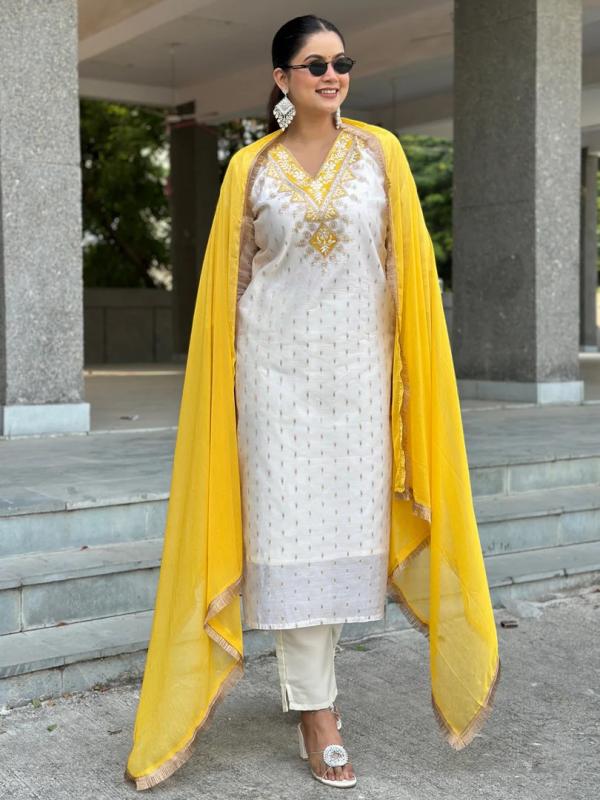 VP 9752 Y White Women Kurta and Pant Dupatta Sets Chanderi Silk Fabrics with Embroidery